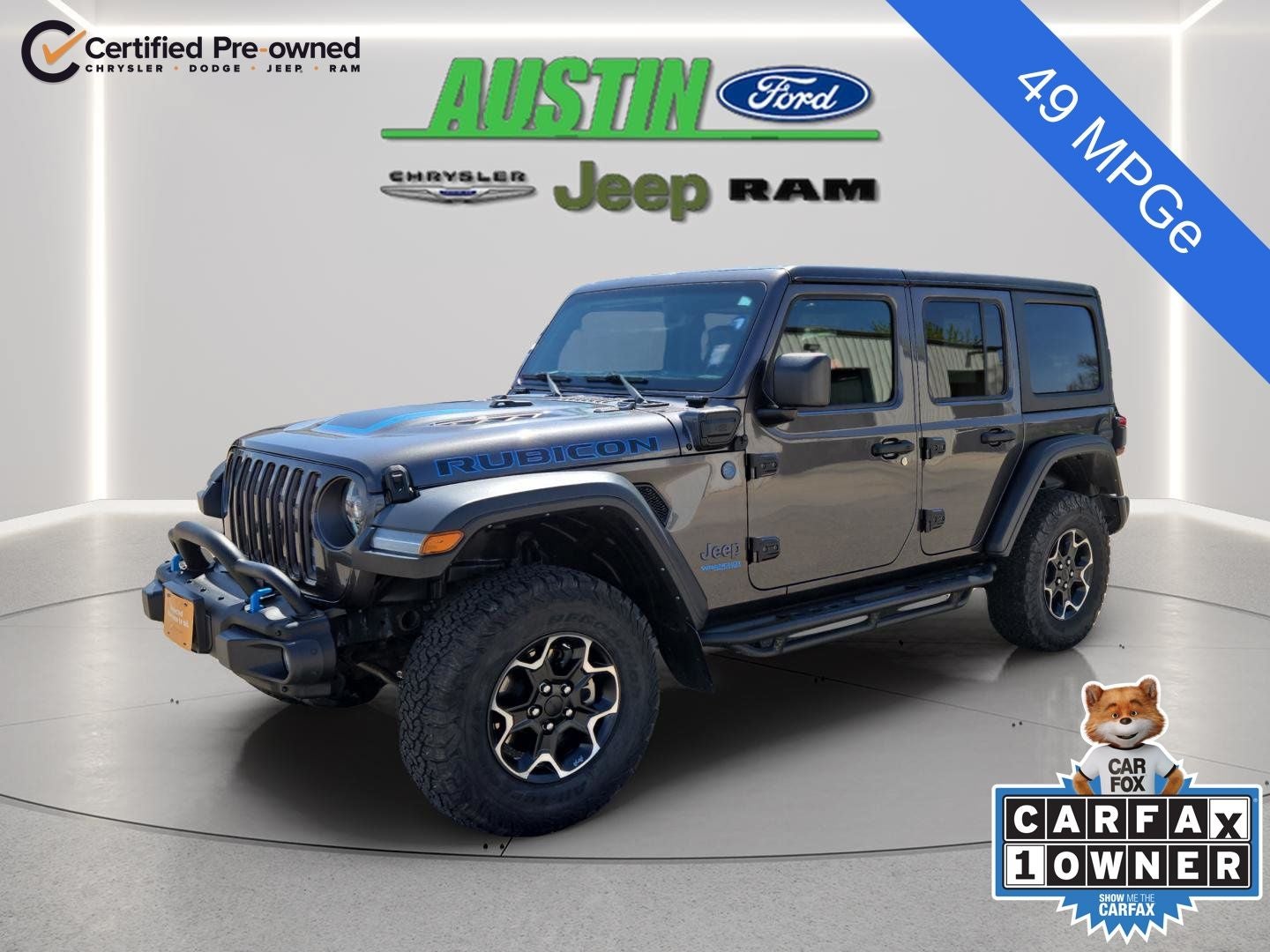 2021 Jeep Wrangler 4xe Unlimited Rubicon 4x4 in Granite Crystal Metallic Clearcoat — front three-quarter view