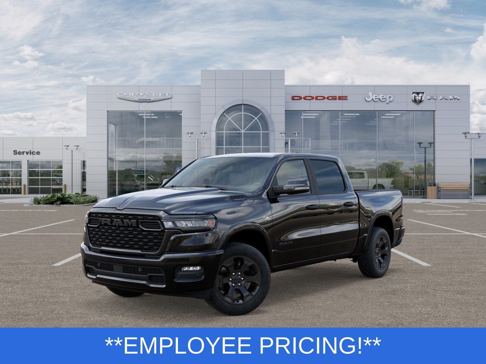 2026 RAM Ram 1500 RAM 1500 BIG HORN CREW CAB 4X4 5'7' BOX in Diamond Black Crystal Pearl-Coat Exterior Paint — front three-quarter view
